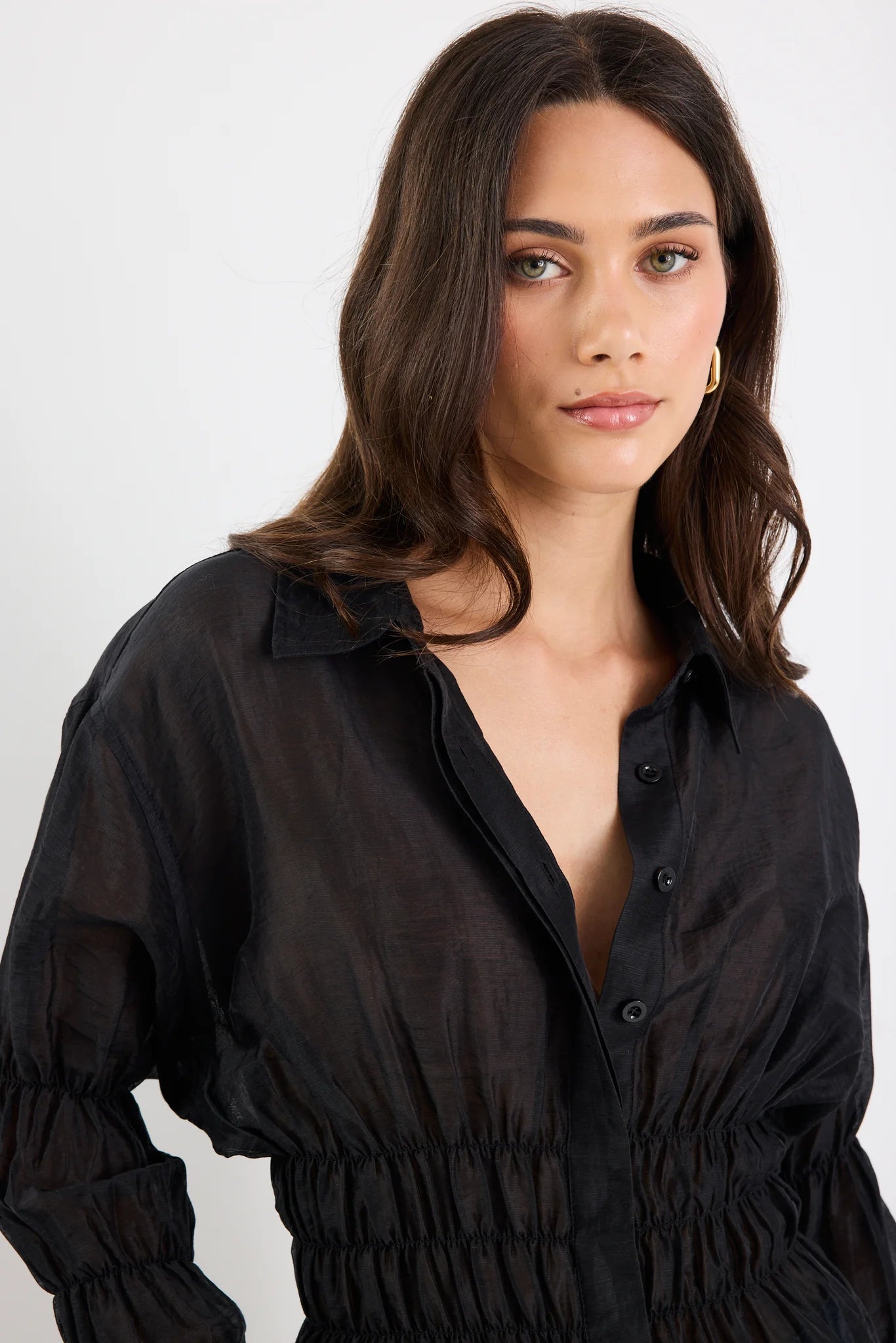 STORIES BE TOLD COMPOSITE SHEER SHIRRED BODY SHIRT