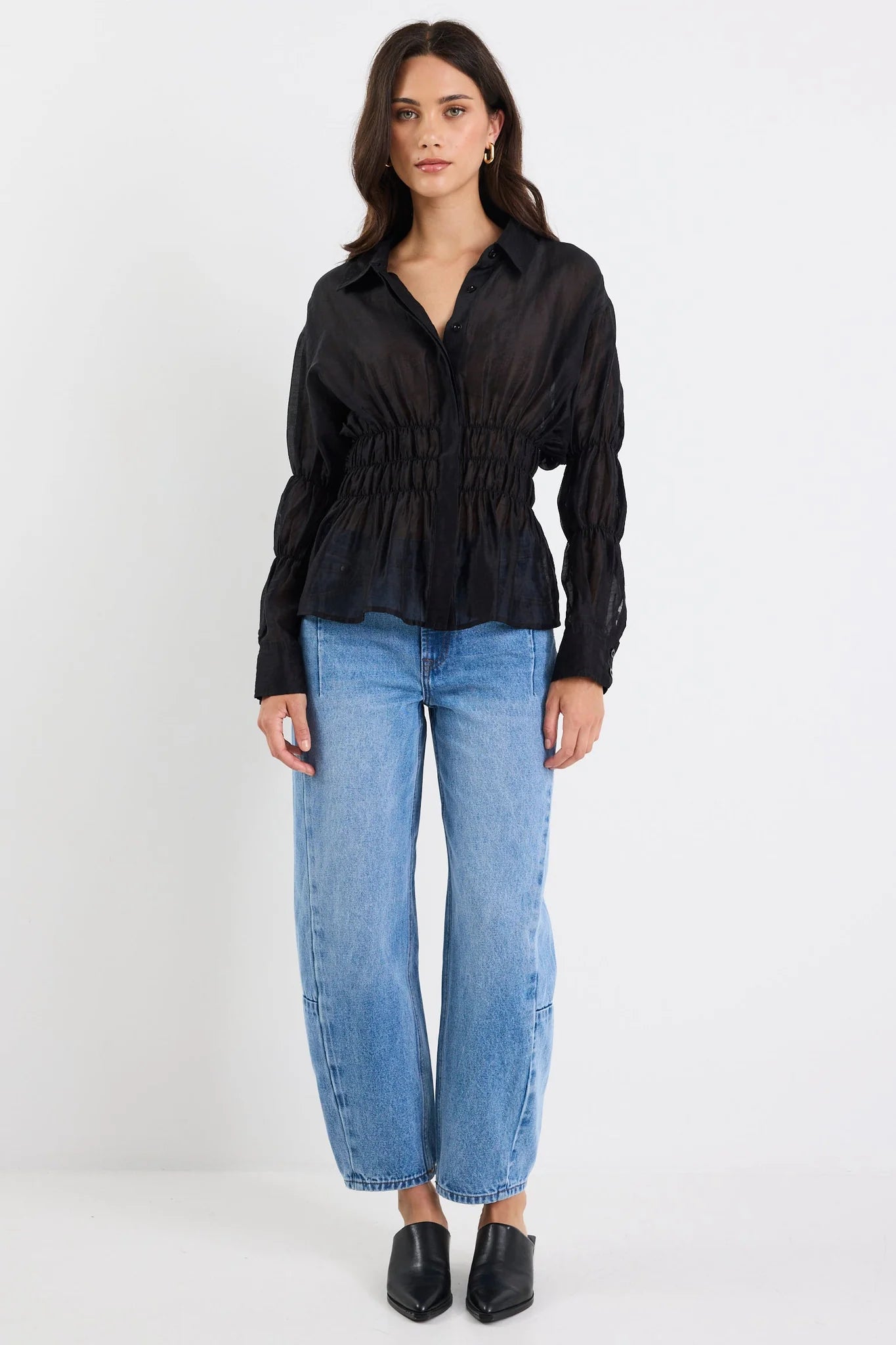 STORIES BE TOLD COMPOSITE SHEER SHIRRED BODY SHIRT