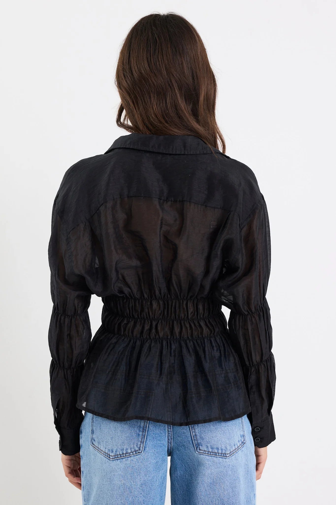 STORIES BE TOLD COMPOSITE SHEER SHIRRED BODY SHIRT