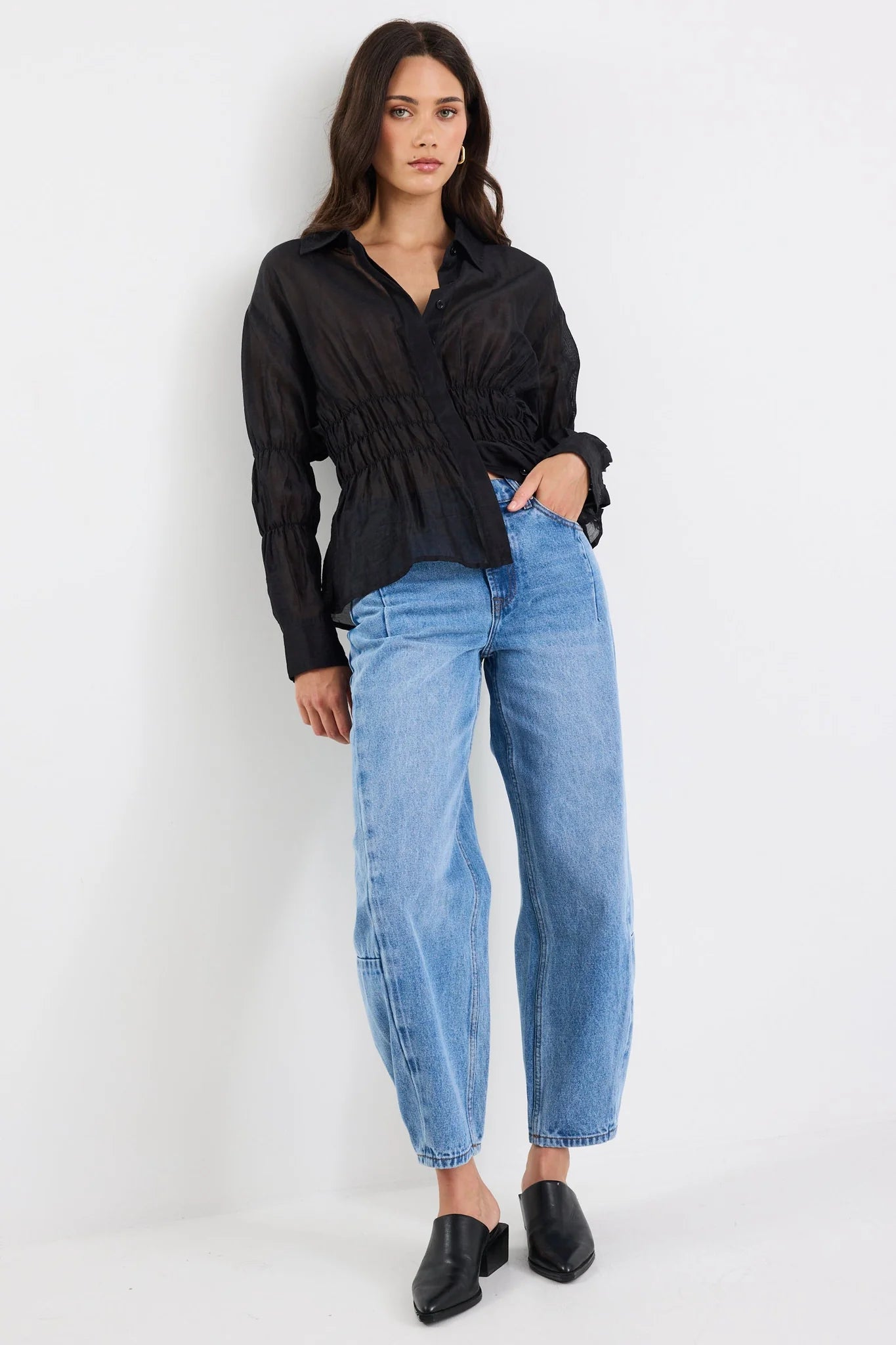 STORIES BE TOLD COMPOSITE SHEER SHIRRED BODY SHIRT