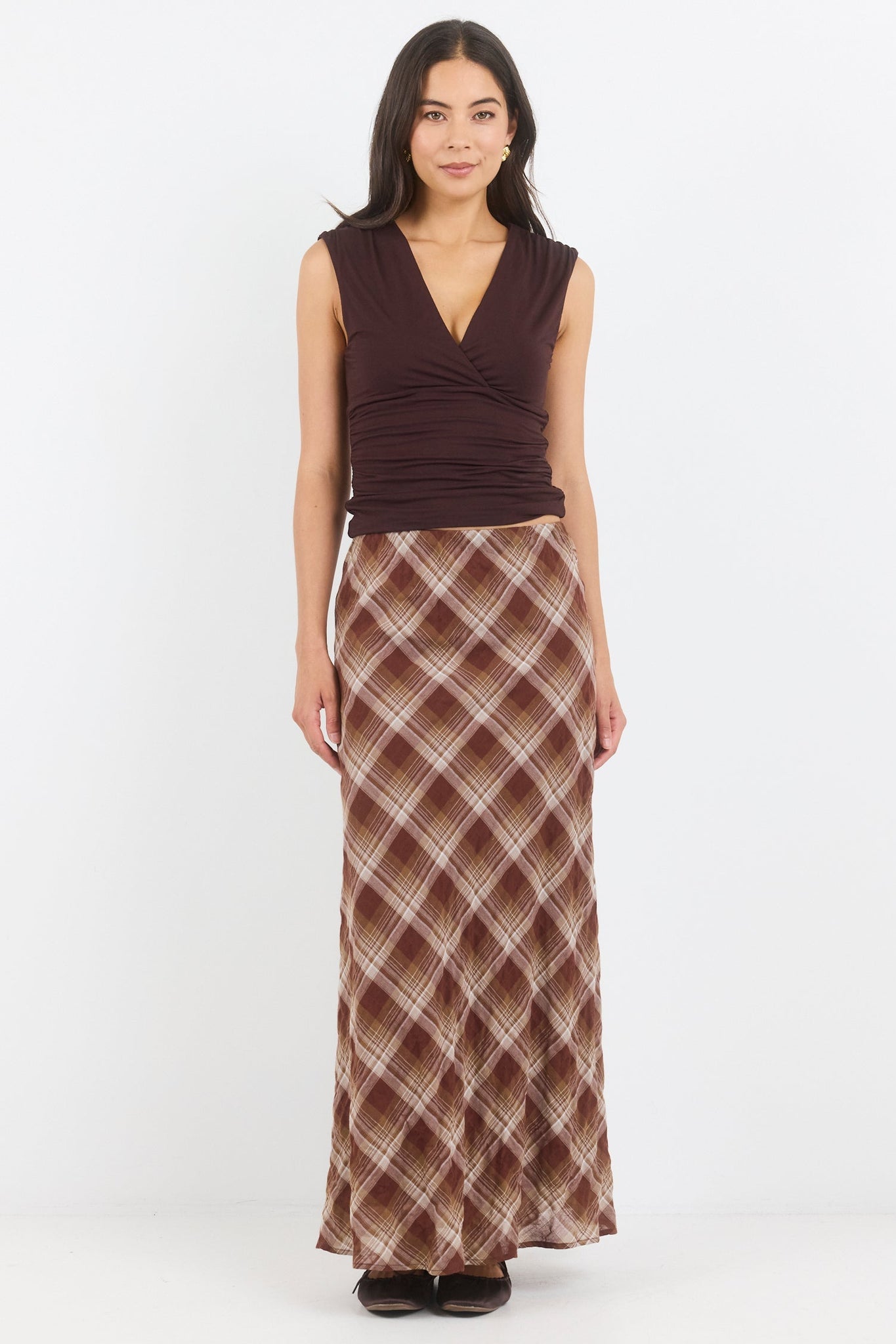 STORIES BE TOLD BREATHE BROWN CHECK BIAS MAXI SKIRT
