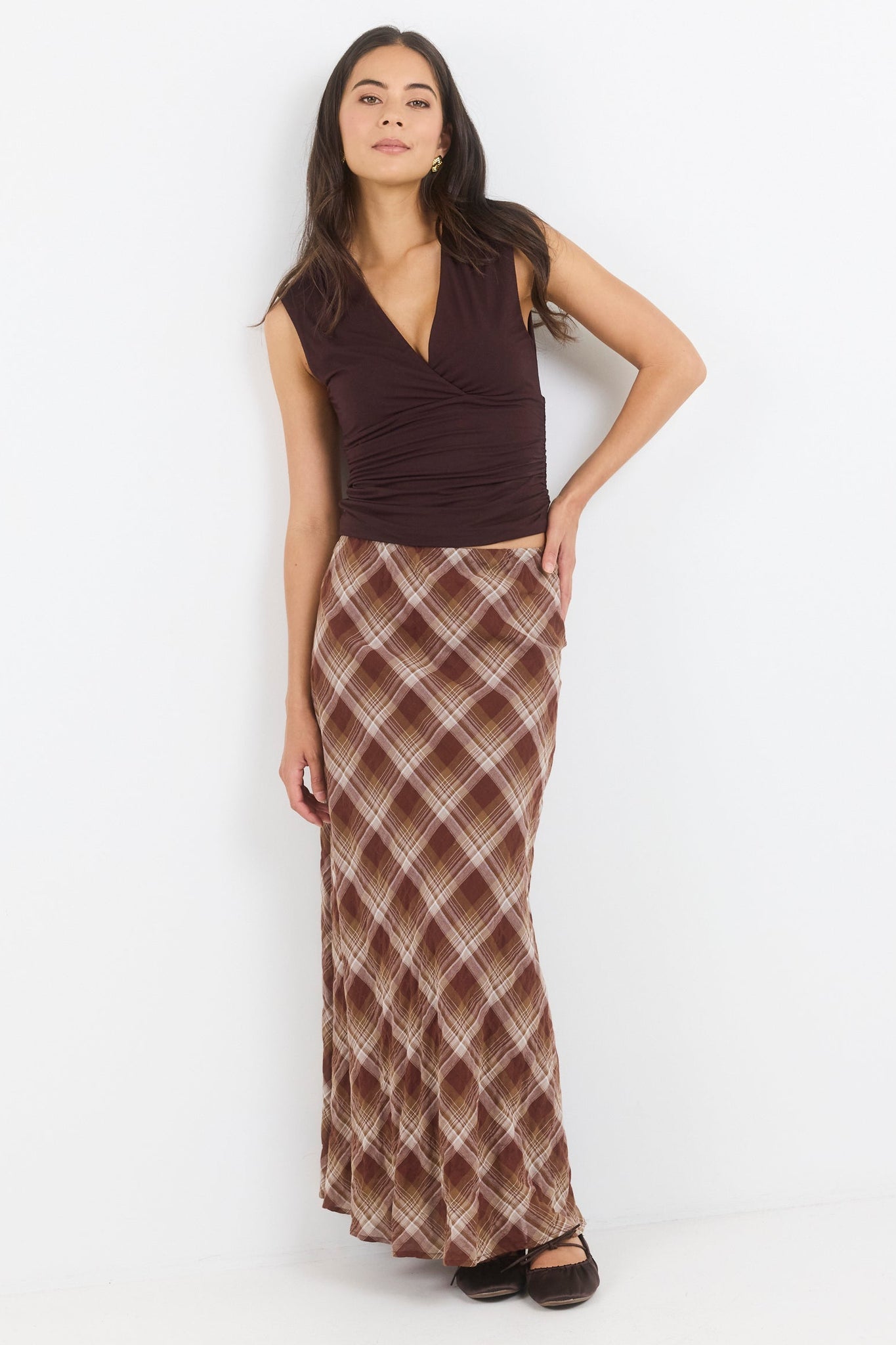 STORIES BE TOLD BREATHE BROWN CHECK BIAS MAXI SKIRT