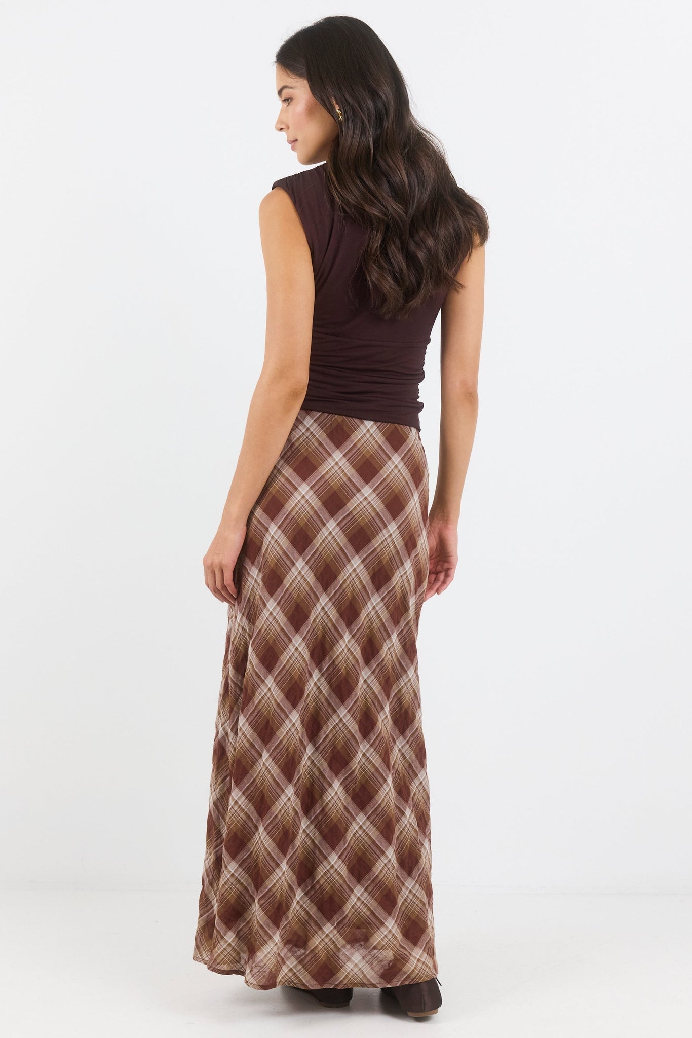 STORIES BE TOLD BREATHE BROWN CHECK BIAS MAXI SKIRT