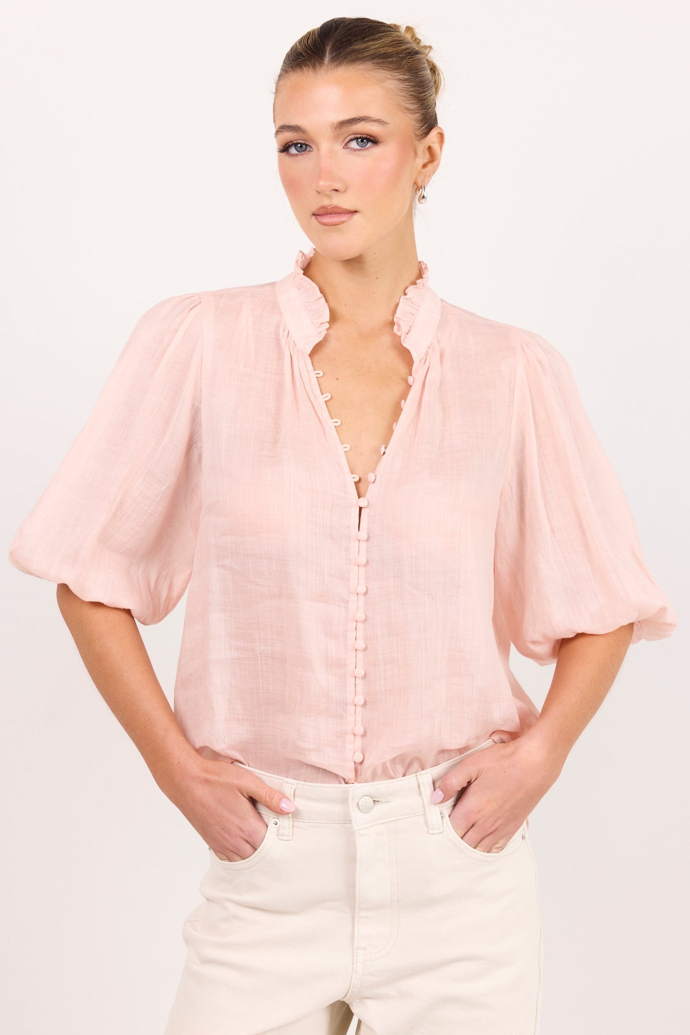 IVY + JACK CONTINUANCE RAMIE HIGH NECK BUTTONED SHORT SLEEVE TOP