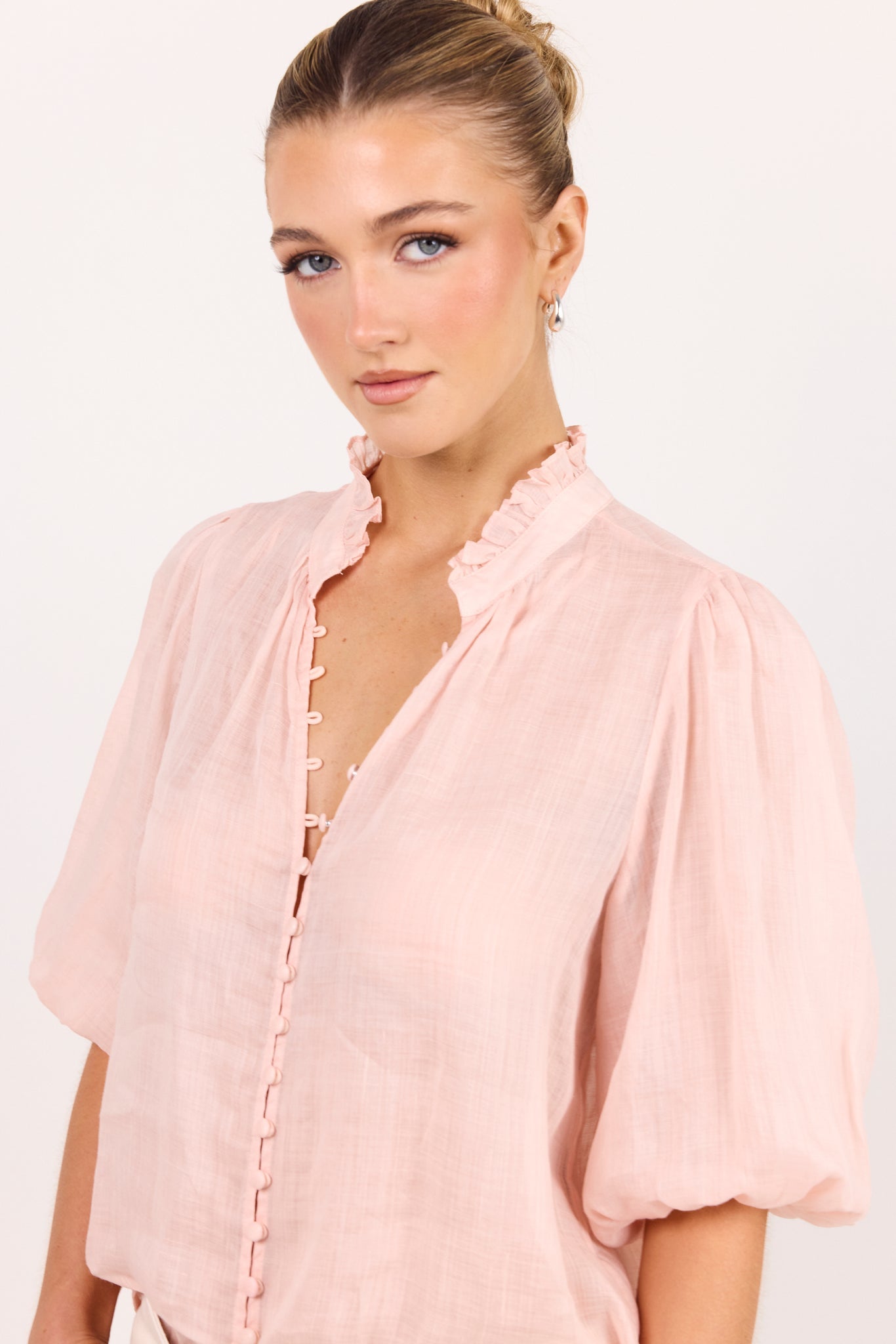 IVY + JACK CONTINUANCE RAMIE HIGH NECK BUTTONED SHORT SLEEVE TOP