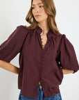 IVY + JACK CONTINUANCE SEMI SHEER HIGH NECK BUTTONED SHORT SLEEVE TOP