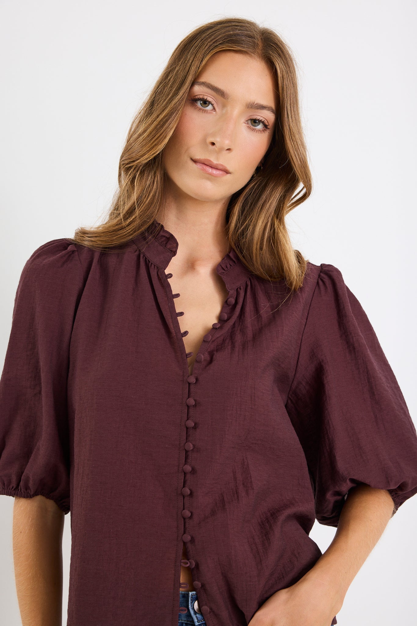 IVY + JACK CONTINUANCE SEMI SHEER HIGH NECK BUTTONED SHORT SLEEVE TOP