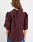 IVY + JACK CONTINUANCE SEMI SHEER HIGH NECK BUTTONED SHORT SLEEVE TOP