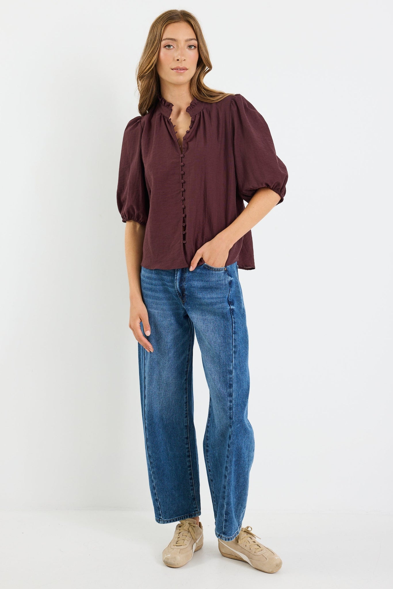 IVY + JACK CONTINUANCE SEMI SHEER HIGH NECK BUTTONED SHORT SLEEVE TOP