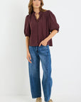 IVY + JACK CONTINUANCE SEMI SHEER HIGH NECK BUTTONED SHORT SLEEVE TOP