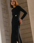 AMONG THE BRAVE COURSE WAIST BUCKLE KNIT LONG SLEEVE MIDI DRESS