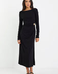 AMONG THE BRAVE COURSE WAIST BUCKLE KNIT LONG SLEEVE MIDI DRESS