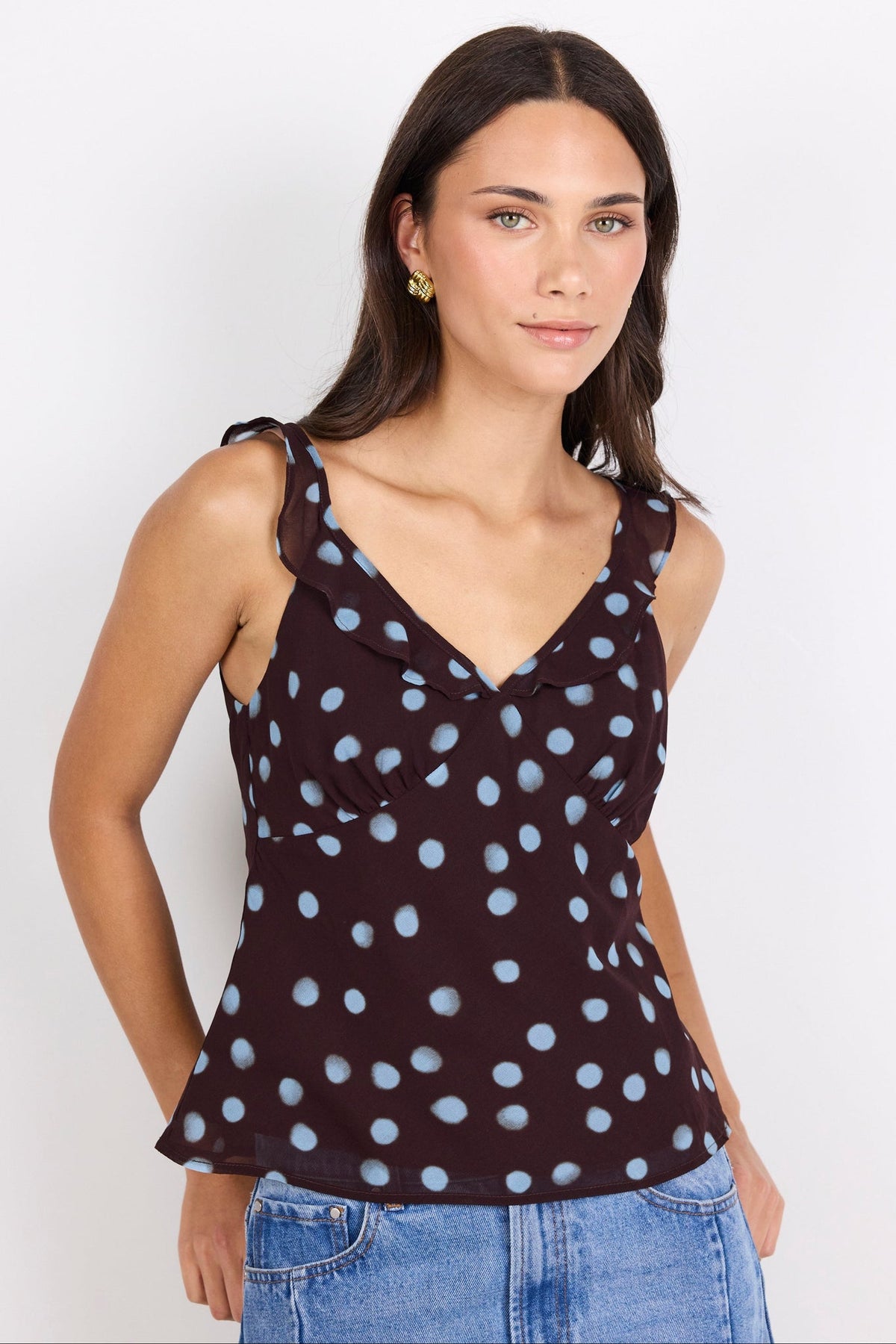 GEORGIA ZOE CRAVE POLKA DOT GEORGETTE RUFFLE NECK CAMI TOP