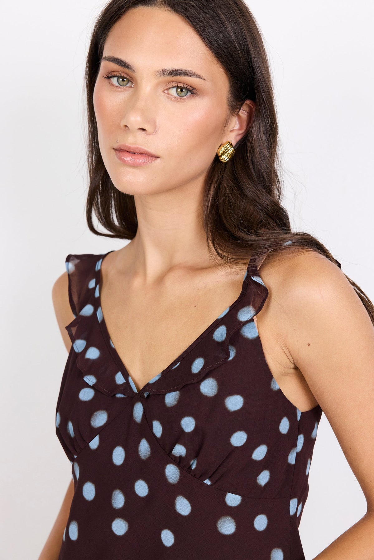 GEORGIA ZOE CRAVE POLKA DOT GEORGETTE RUFFLE NECK CAMI TOP