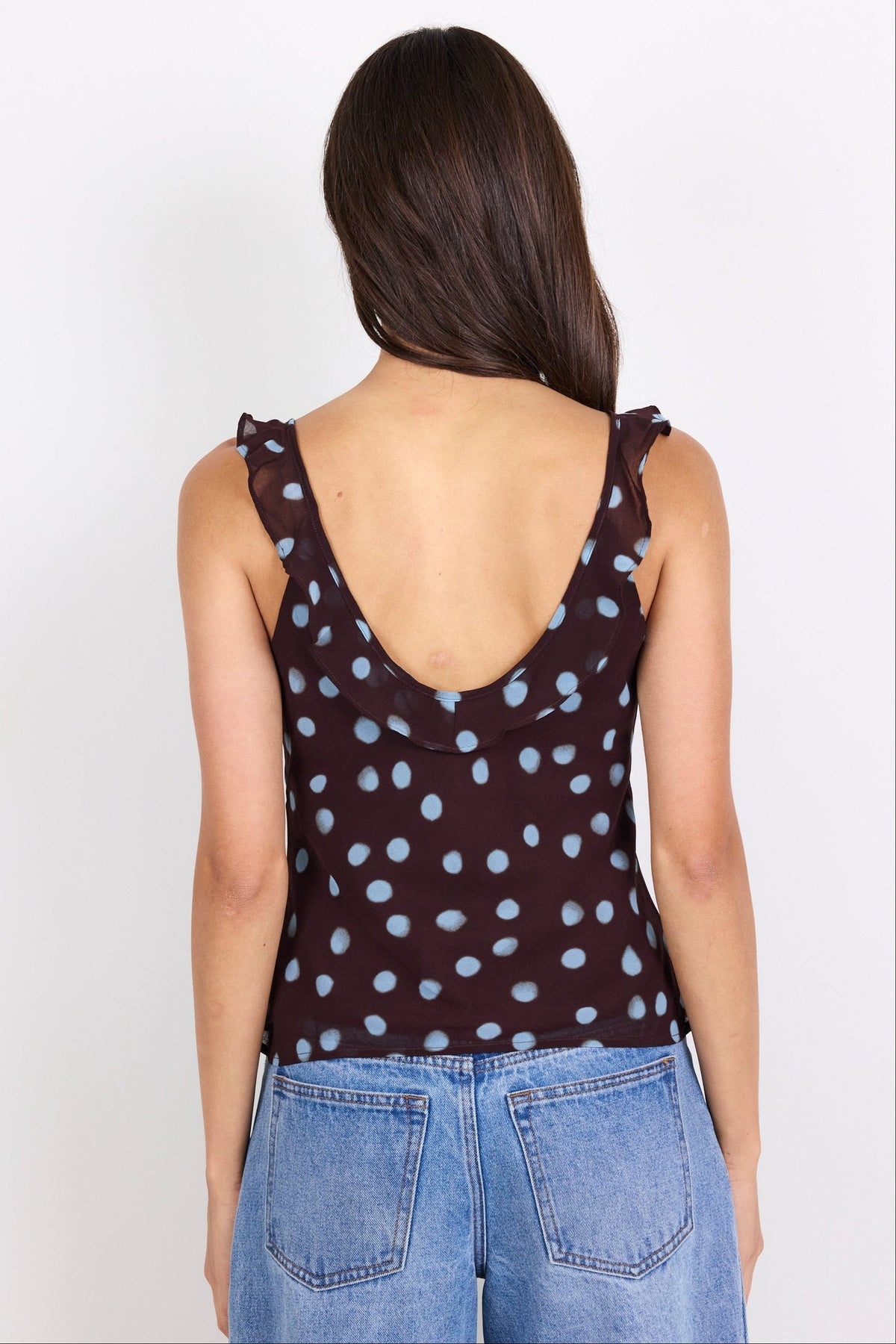 GEORGIA ZOE CRAVE POLKA DOT GEORGETTE RUFFLE NECK CAMI TOP