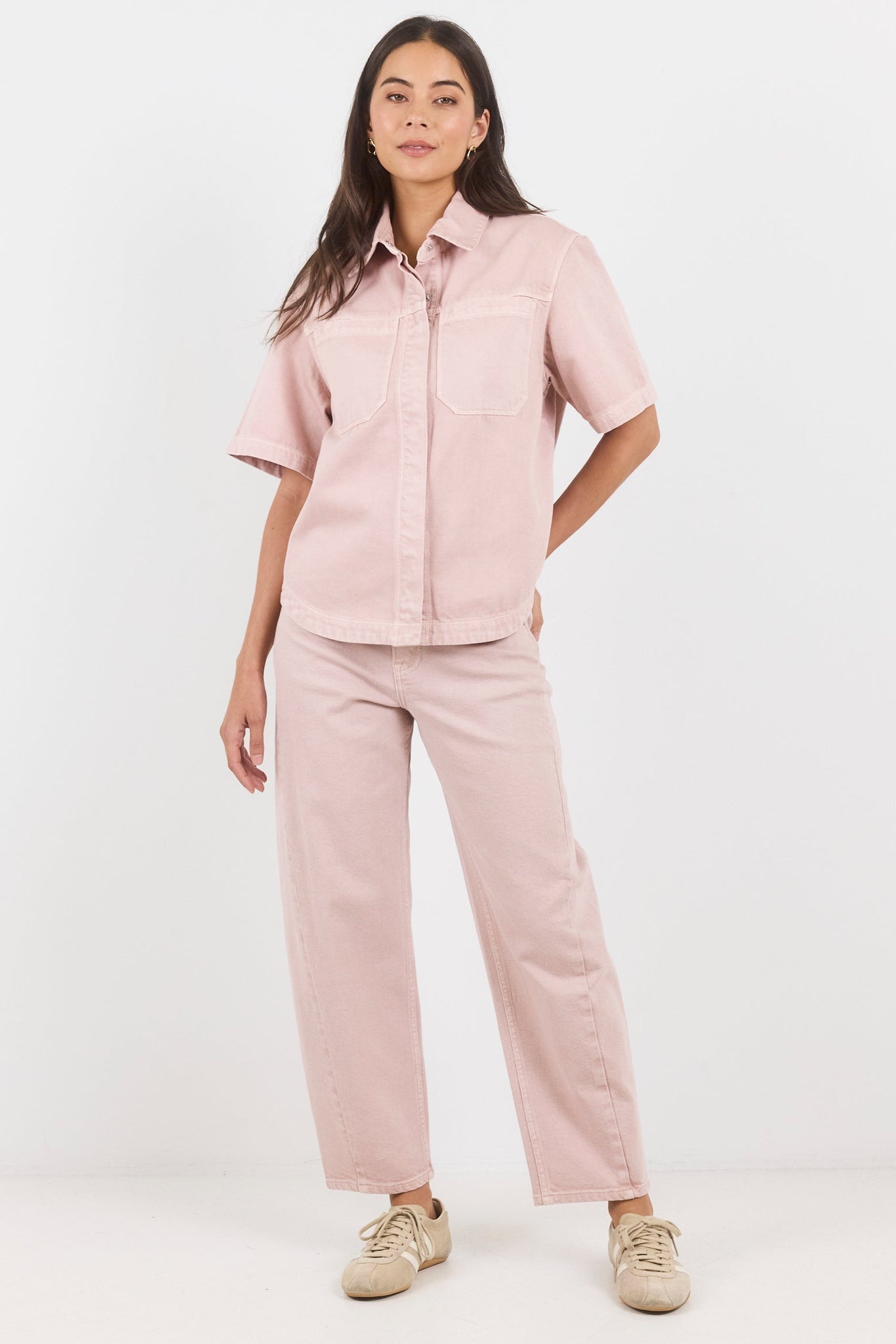 STORIES BE TOLD IDOLISE PALE PINK STRETCH SOFT BARREL JEAN