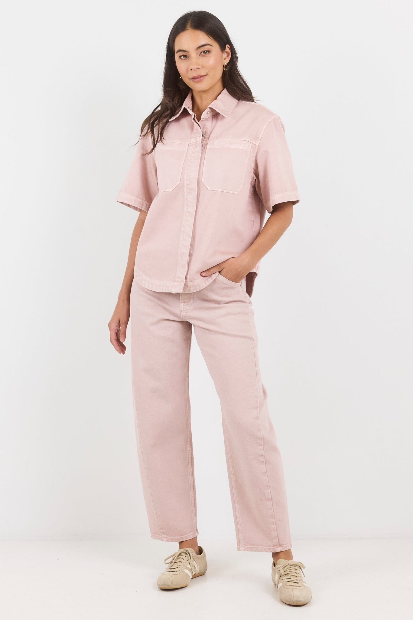 STORIES BE TOLD IDOLISE PALE PINK STRETCH SOFT BARREL JEAN