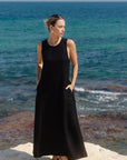 RE:UNION EASYGOING LINEN BLEND SLEEVELES CREW NECK MIDI DRESS