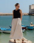 RE:UNION LINEN BLEND SS SHIRRED BODICE MIDI DRESS