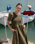 RE:UNION WREN LINEN BLEND SS SHIRRED BODICE MIDI DRESS