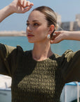RE:UNION WREN LINEN BLEND SS SHIRRED BODICE MIDI DRESS