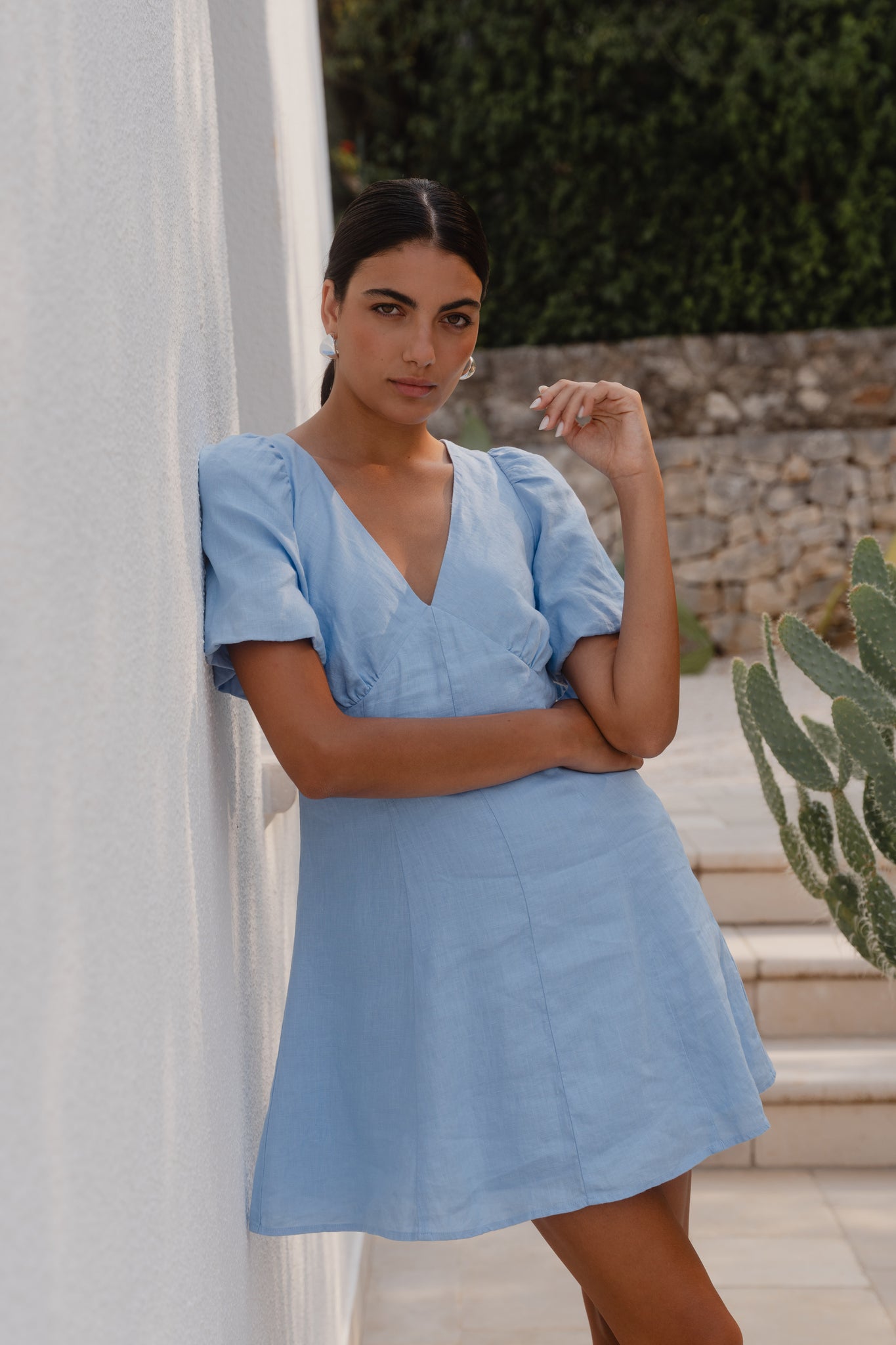 AMONG THE BRAVE ADELAIDE LINEN PUFF SLEEVE PANELED MINI DRESS