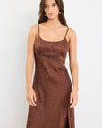 AMONG THR BRAVE DALLAS LEOPARD SATIN JACQUARD STRAPPY MIDI DRESS