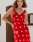 GEORGIA MAE DELIGHTFUL CHERRY POLKA DOT SATIN BIAS SLIP DRESS