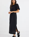 STORIES BE TOLD ELDER SHORT PUFF SLEEVE TIE MIDI DRESS