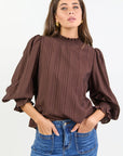 AMONG THE BRAVE EMBRACE SELF SREIPE SHIRRED NECK L/S TOP