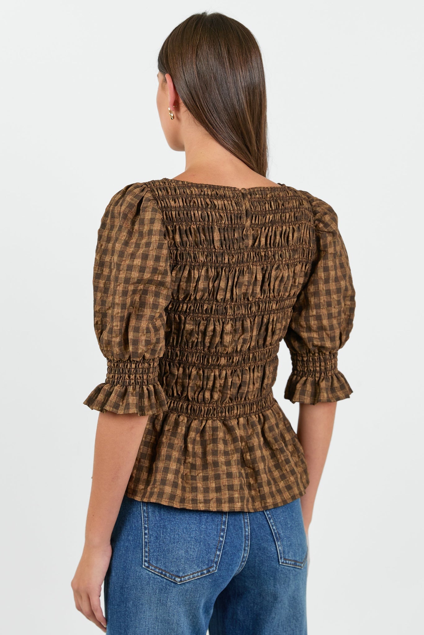 STORIES BE TOLD ENCLASP CHECK SHIRTRED BODY LS TOP