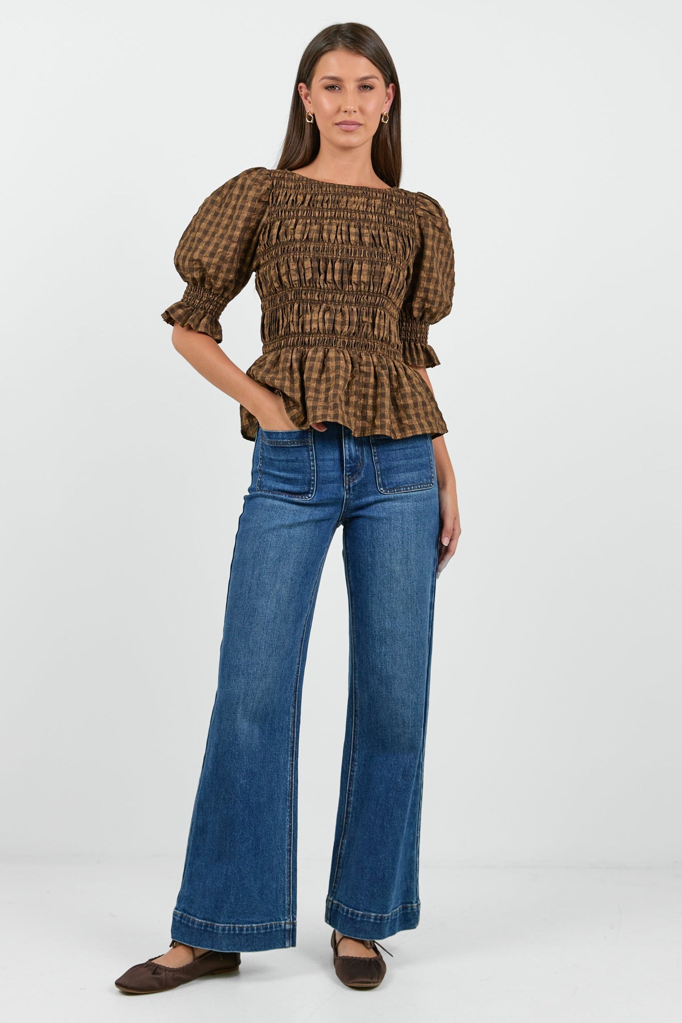 STORIES BE TOLD ENCLASP CHECK SHIRTRED BODY LS TOP