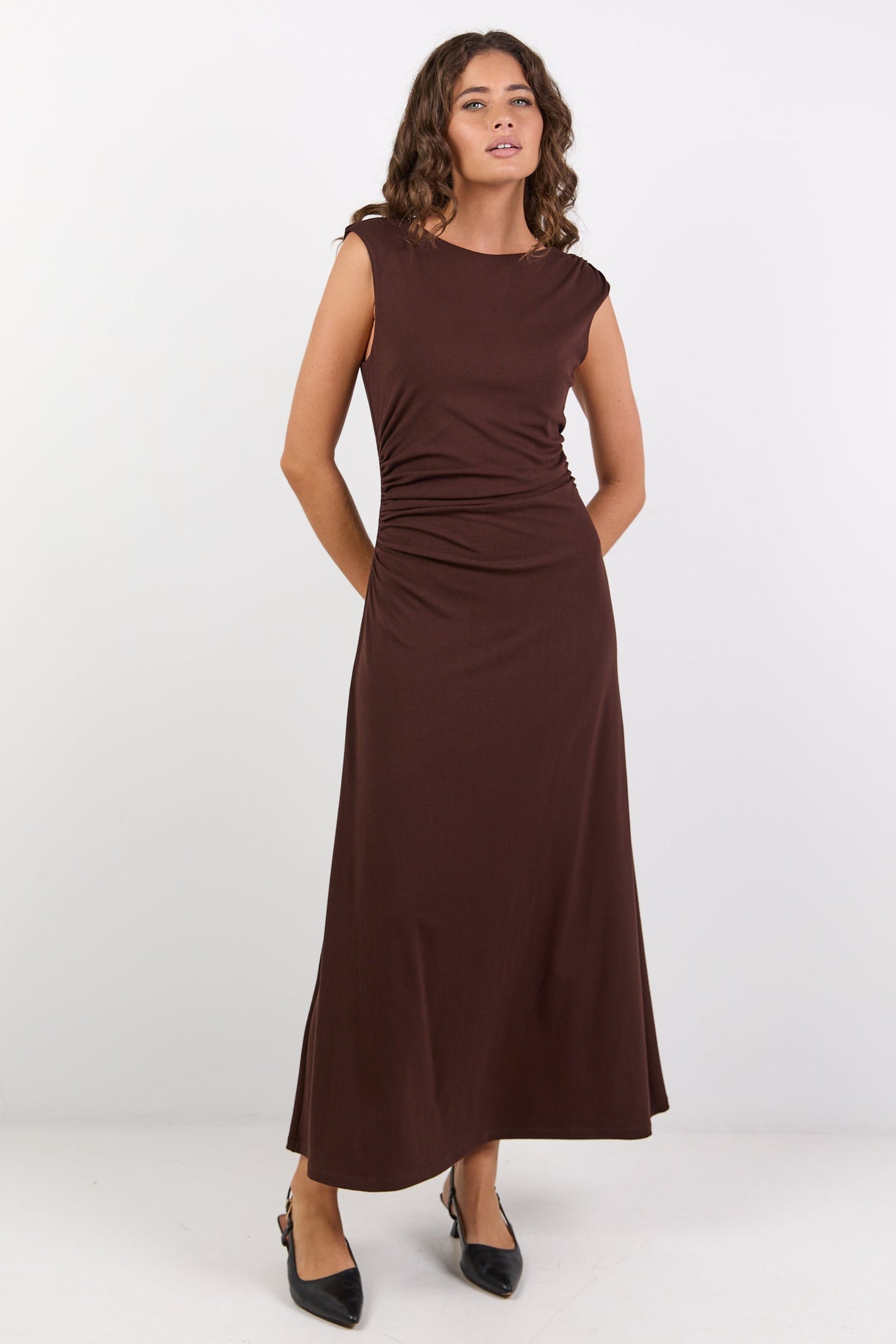 GEORGIA ZOE ENVELOPE CHOCOALTE SLEEVELESS KNIT MAXI DRESS