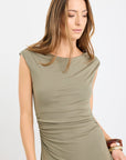 STORIES BE TOLD EQUATOR KHAKI JERSEY ROUCHED MIDI DRESS