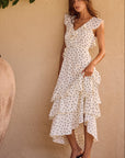 BY ROSA. EVERLY POLKA DOT FLUTTER SLEEVE TIERED MAXI