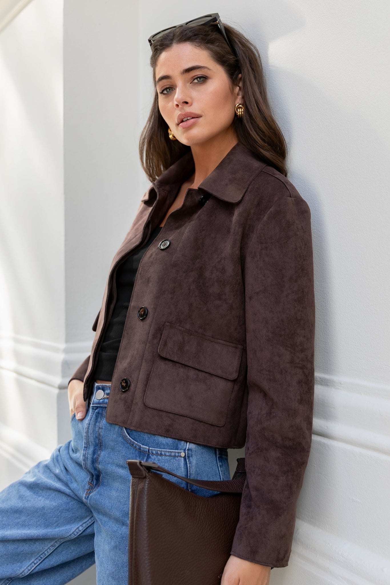 AMONG THE BRAVE EXHIBIT FAUX SUEDE BUTTON FRONT CROPPED JACKET