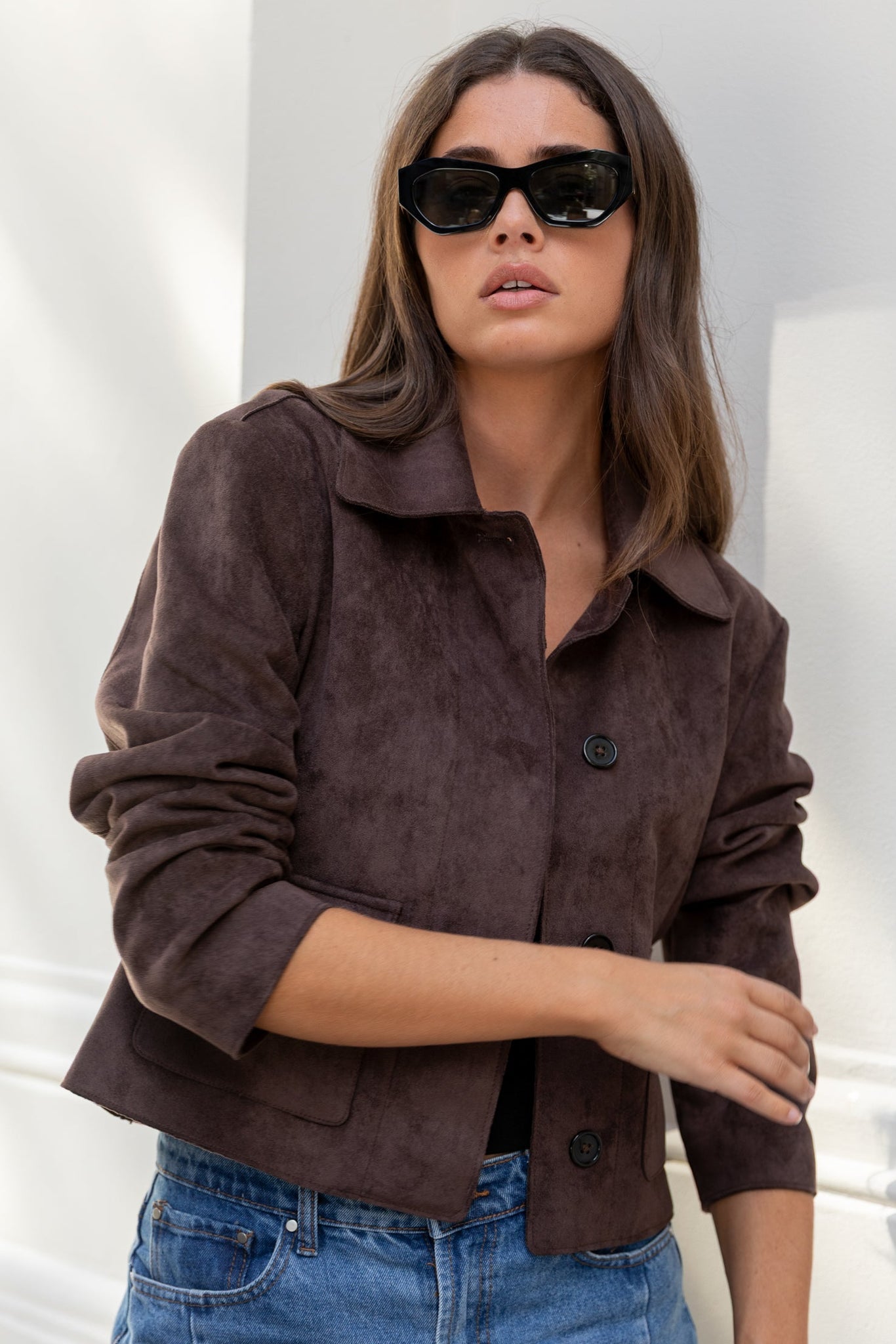 AMONG THE BRAVE EXHIBIT FAUX SUEDE BUTTON FRONT CROPPED JACKET