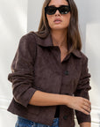 AMONG THE BRAVE EXHIBIT FAUX SUEDE BUTTON FRONT CROPPED JACKET