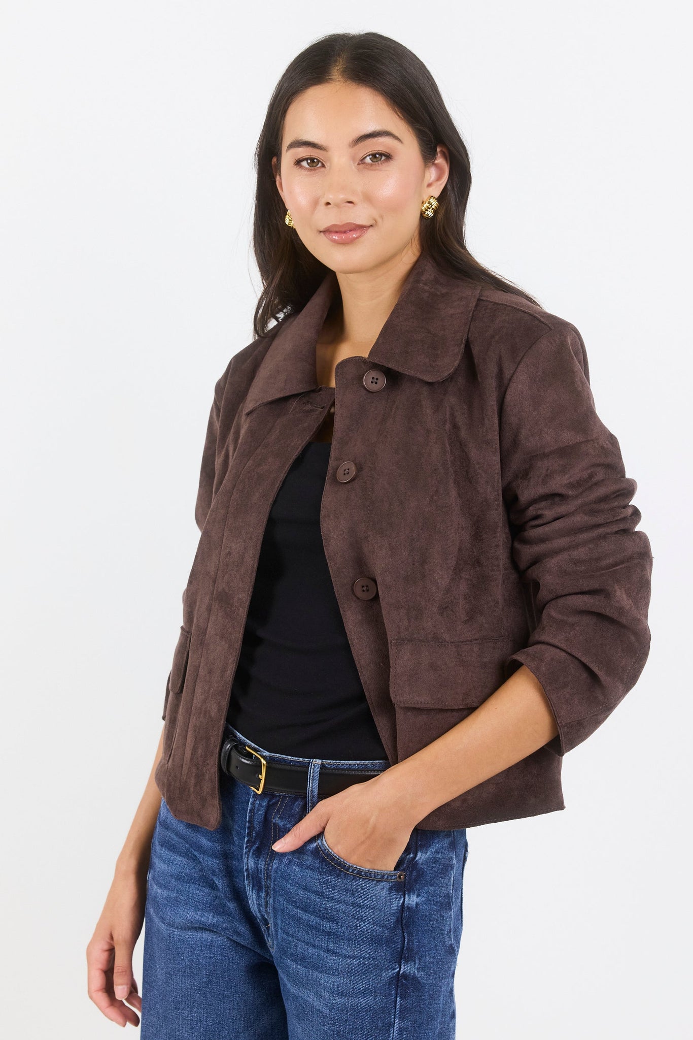 AMONG THE BRAVE EXHIBIT FAUX SUEDE BUTTON FRONT CROPPED JACKET