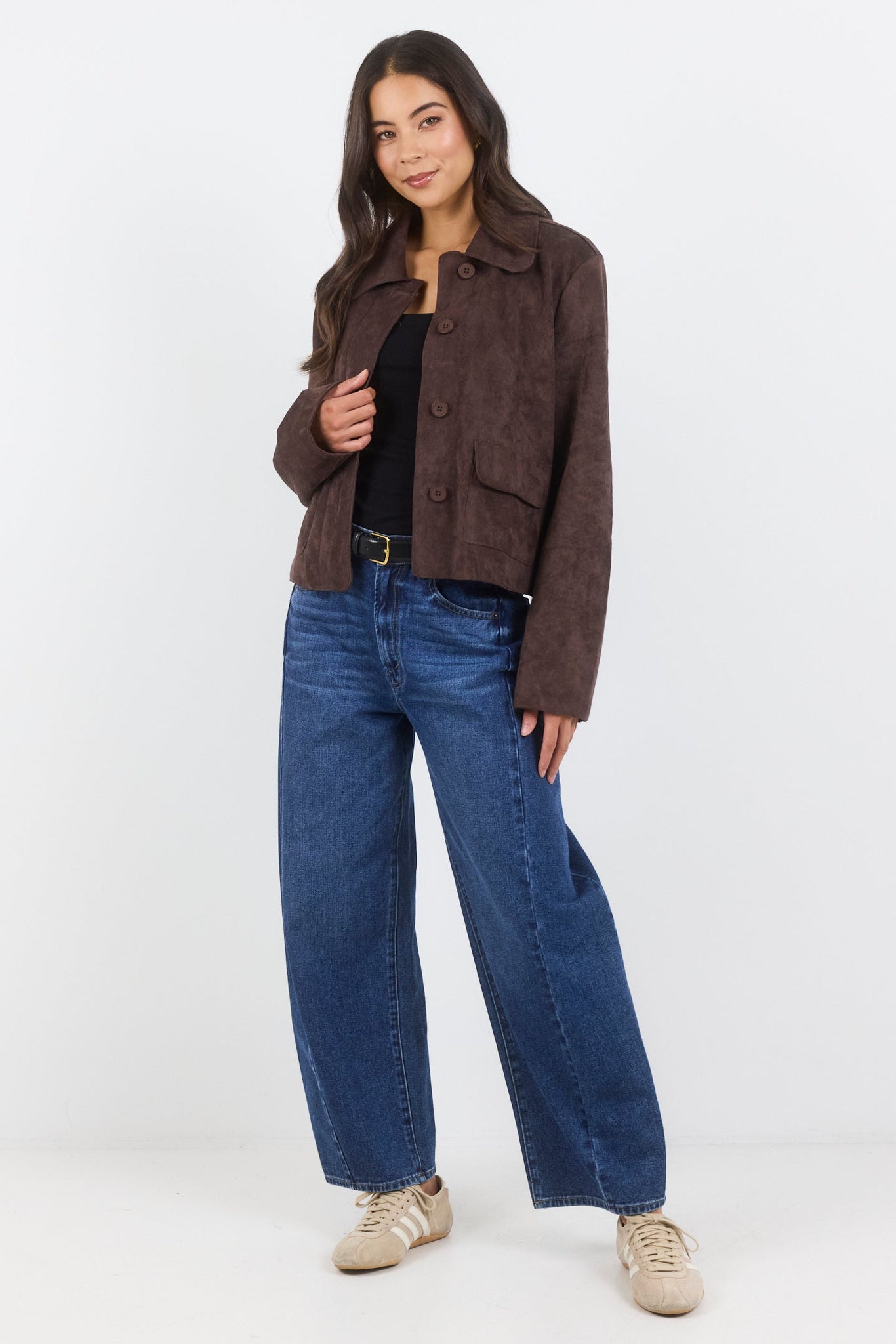 AMONG THE BRAVE EXHIBIT FAUX SUEDE BUTTON FRONT CROPPED JACKET