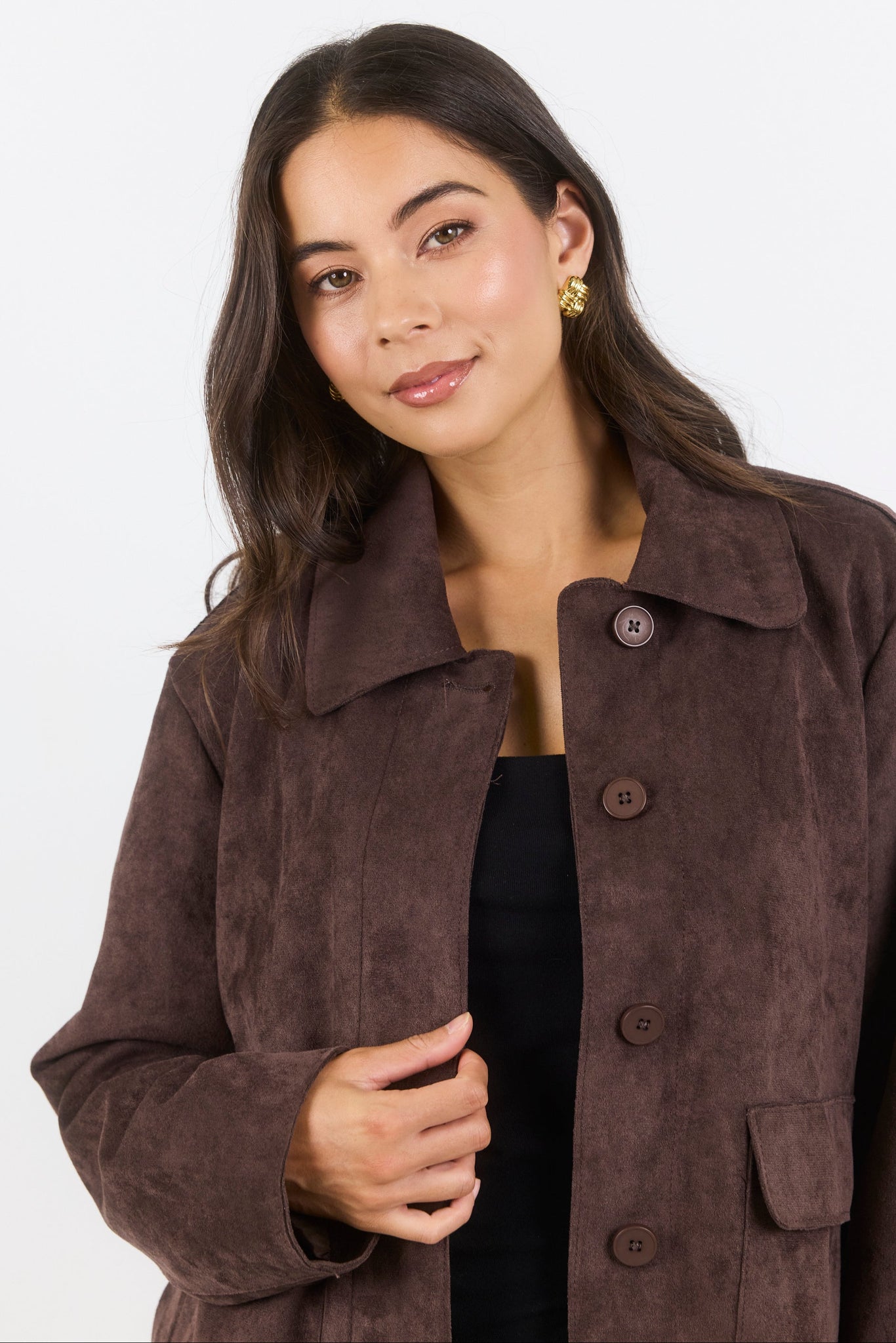 AMONG THE BRAVE EXHIBIT FAUX SUEDE BUTTON FRONT CROPPED JACKET