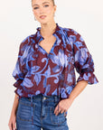AMONG THE BRAVE EXPEDITION BLUE FLORAL SHIRRED NECK SHORT SLEEVE TOP
