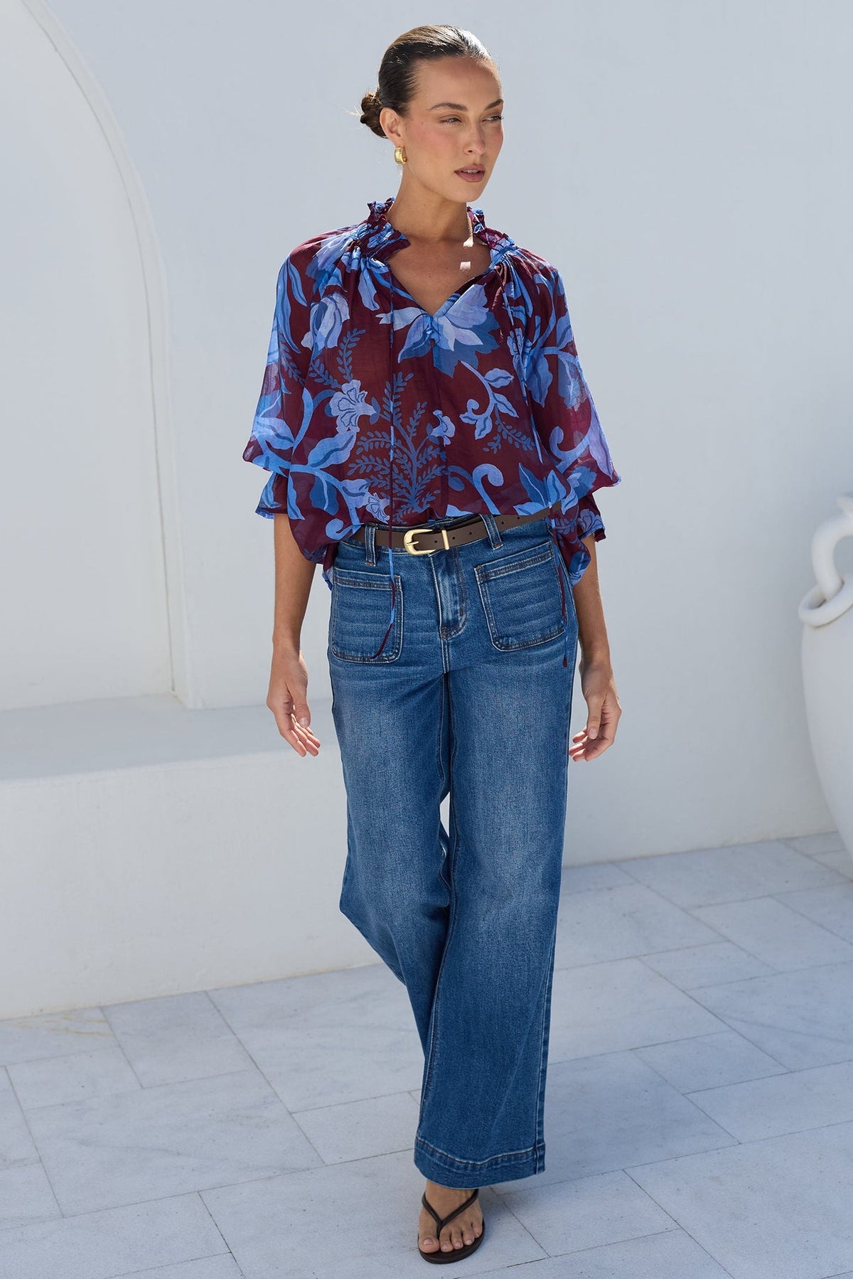 AMONG THE BRAVE EXPEDITION BLUE FLORAL SHIRRED NECK SHORT SLEEVE TOP