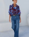 AMONG THE BRAVE EXPEDITION BLUE FLORAL SHIRRED NECK SHORT SLEEVE TOP