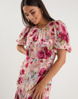 GEORGIA MAE EXQUISTITE PAINTED ROSE PUFF SLEEVE MIDI DRESS