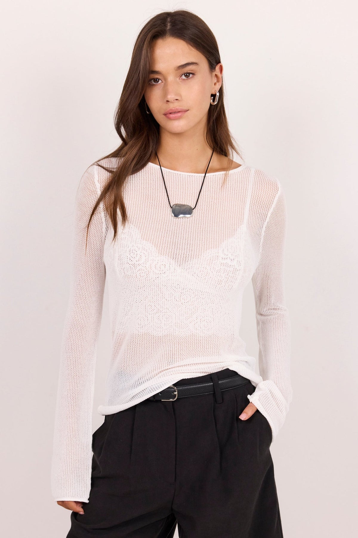 IVY + JACK FILIGREE MESH LONG SLEEVE KNIT TOP