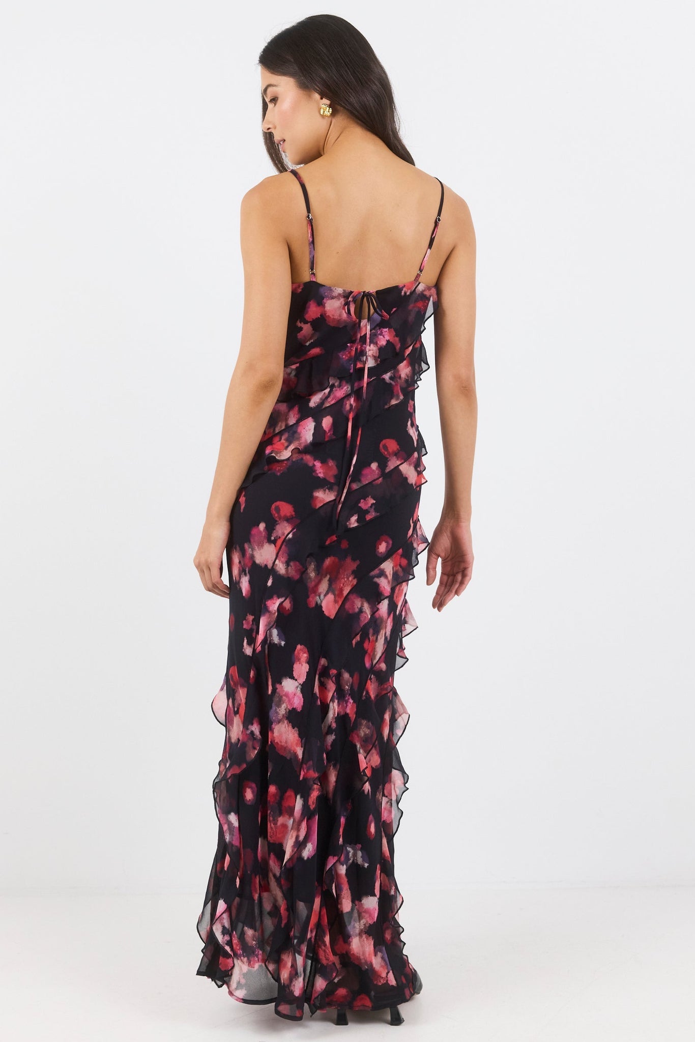 GEORGIA ZOE GALORE ABSTRACT PRINT BIAS RUFFLE SLIP MAXI DRESS