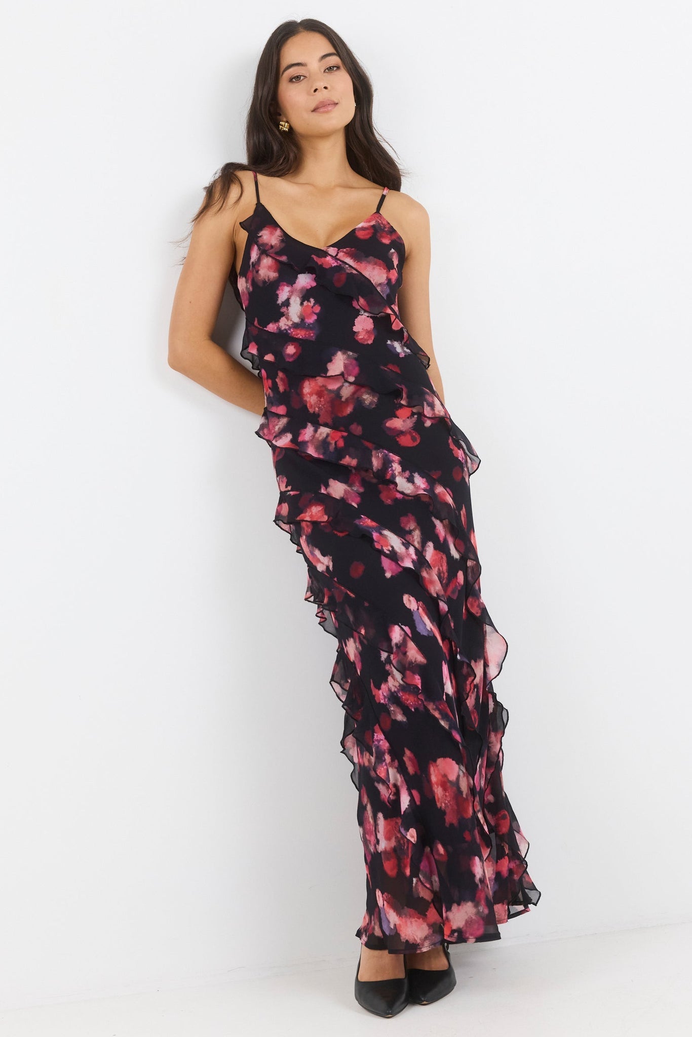 GEORGIA ZOE GALORE ABSTRACT PRINT BIAS RUFFLE SLIP MAXI DRESS