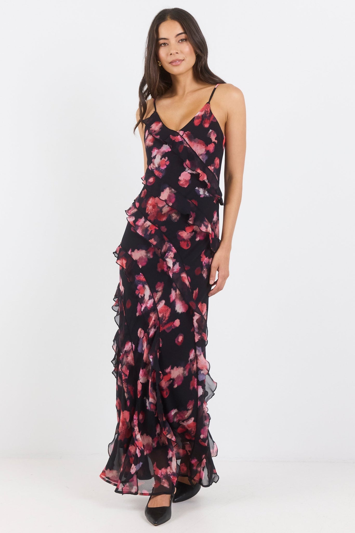 GEORGIA ZOE GALORE ABSTRACT PRINT BIAS RUFFLE SLIP MAXI DRESS