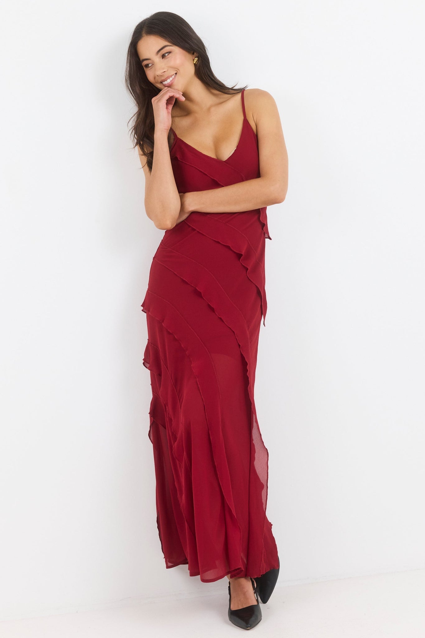 GEORGIA ZOE GALORE BIAS RUFFLE SLIP MAXI DRESS